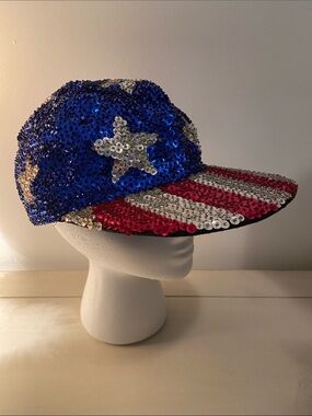 Sequin USA American Flag Baseball Hat Red Silver Blue One Size Fits Most Festive